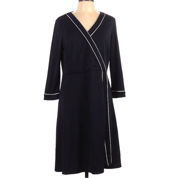 TALBOTS Navy with white contrast piping trim faux wrap dress, fully lined, sz S - Picture 8 of 15